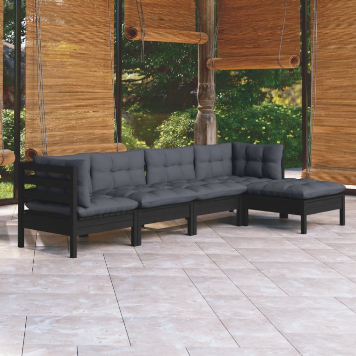 5-tlg. Garten-Lounge-Set mit Grauen Kissen Kiefernholz