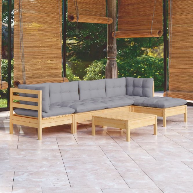 6-tlg. Garten-Lounge-Set mit Grauen Kissen Kiefernholz