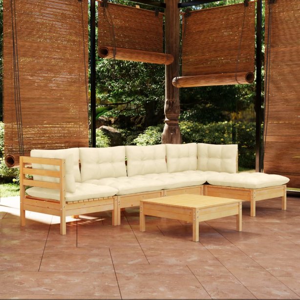 6-tlg. Garten-Lounge-Set mit Grauen Kissen Kiefernholz