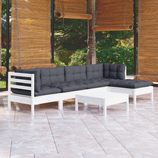 6-tlg. Garten-Lounge-Set mit Grauen Kissen Kiefernholz