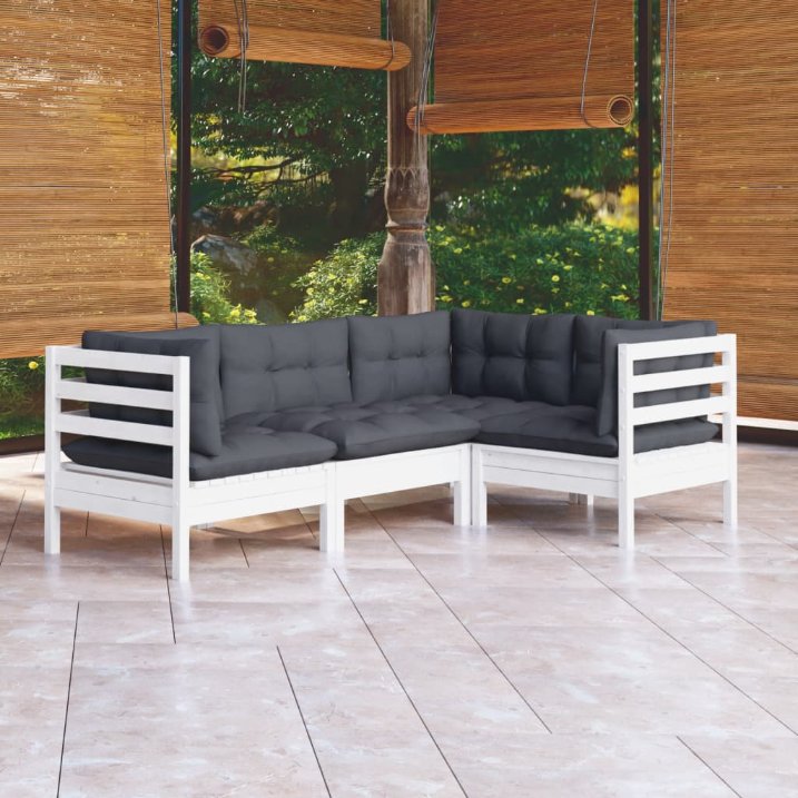 4-tlg. Garten-Lounge-Set mit Grauen Kissen Kiefernholz