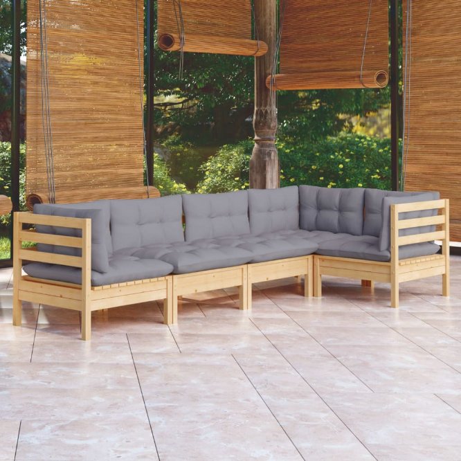 5-tlg. Garten-Lounge-Set mit Grauen Kissen Kiefernholz
