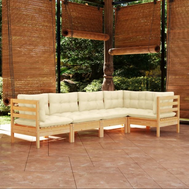 5-tlg. Garten-Lounge-Set mit Grauen Kissen Kiefernholz