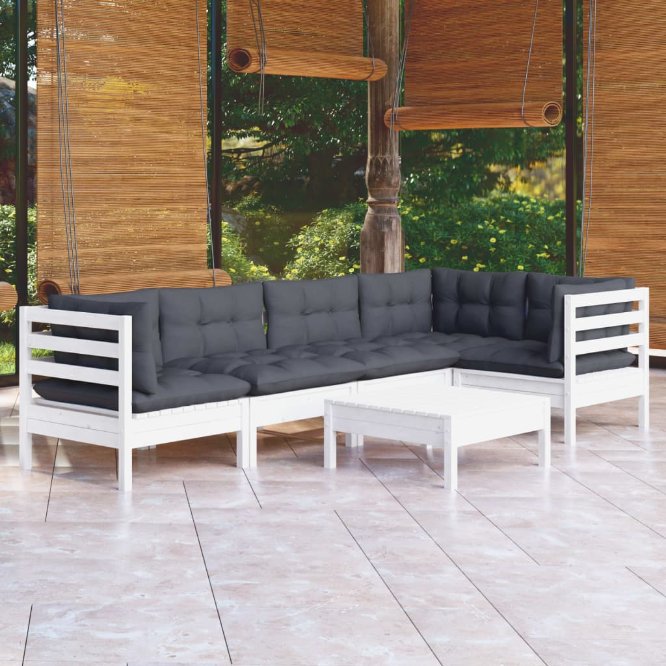 6-tlg. Garten-Lounge-Set mit Grauen Kissen Kiefernholz