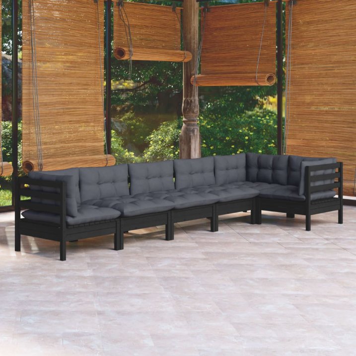 6-tlg. Garten-Lounge-Set mit Grauen Kissen Kiefernholz