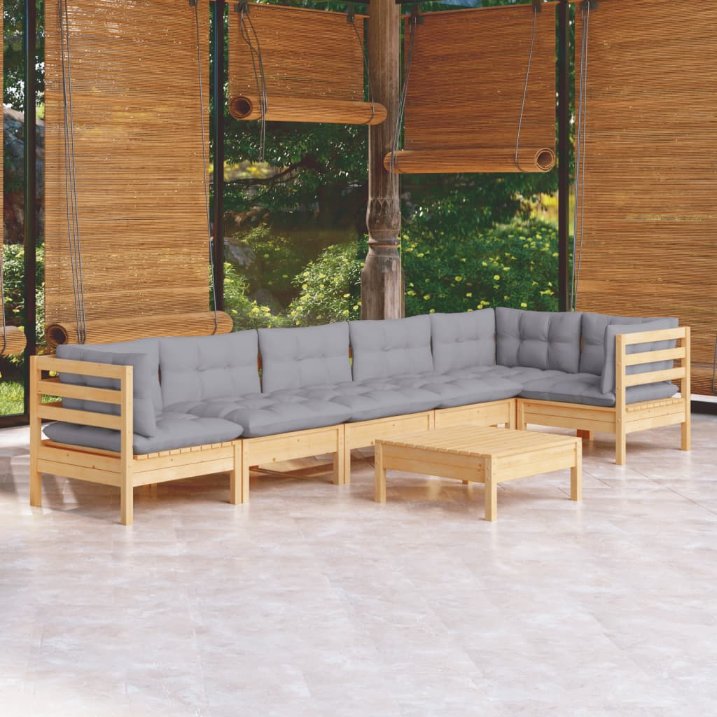 7-tlg. Garten-Lounge-Set mit Grauen Kissen Kiefernholz