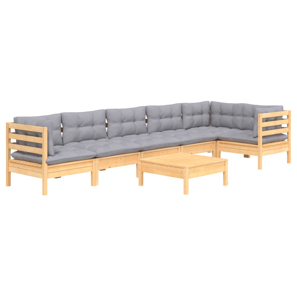 7-tlg. Garten-Lounge-Set mit Grauen Kissen Kiefernholz