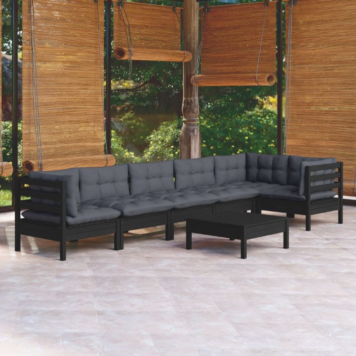 7-tlg. Garten-Lounge-Set mit Grauen Kissen Kiefernholz