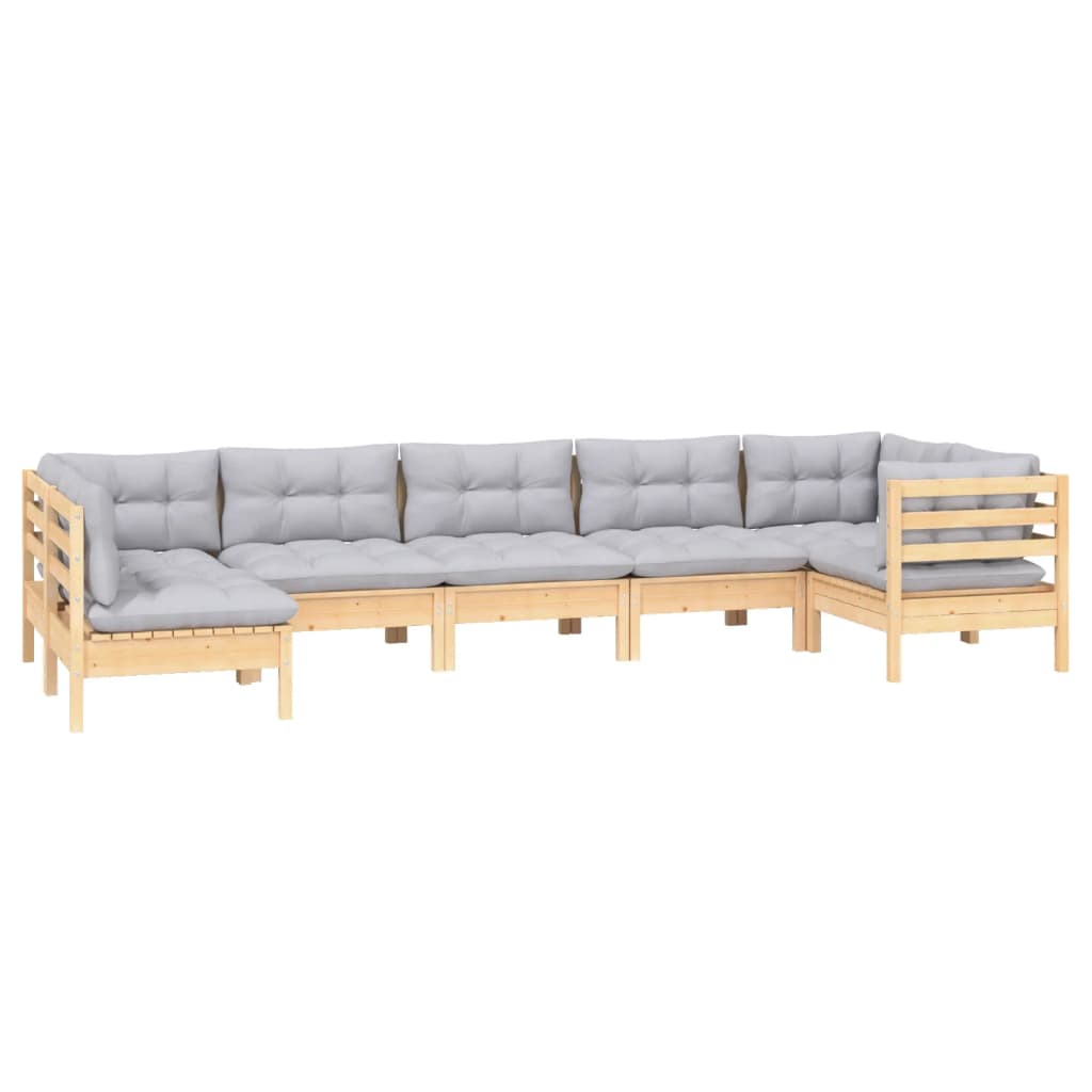 7-tlg. Garten-Lounge-Set mit Grauen Kissen Kiefernholz