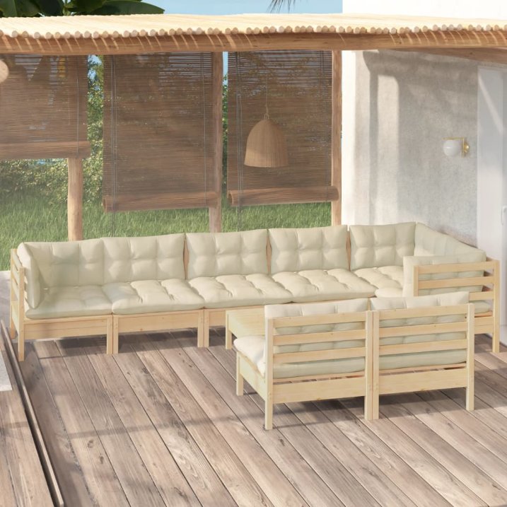 9-tlg. Garten-Lounge-Set mit Grauen Kissen Kiefer Massivholz