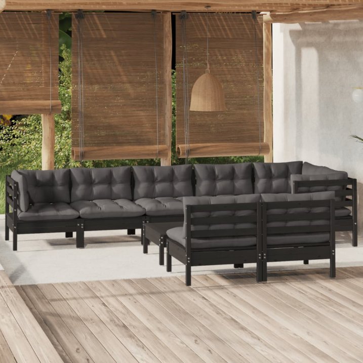 9-tlg. Garten-Lounge-Set mit Grauen Kissen Kiefer Massivholz