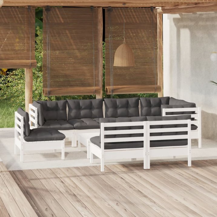 9-tlg. Garten-Lounge-Set mit Grauen Kissen Kiefer Massivholz