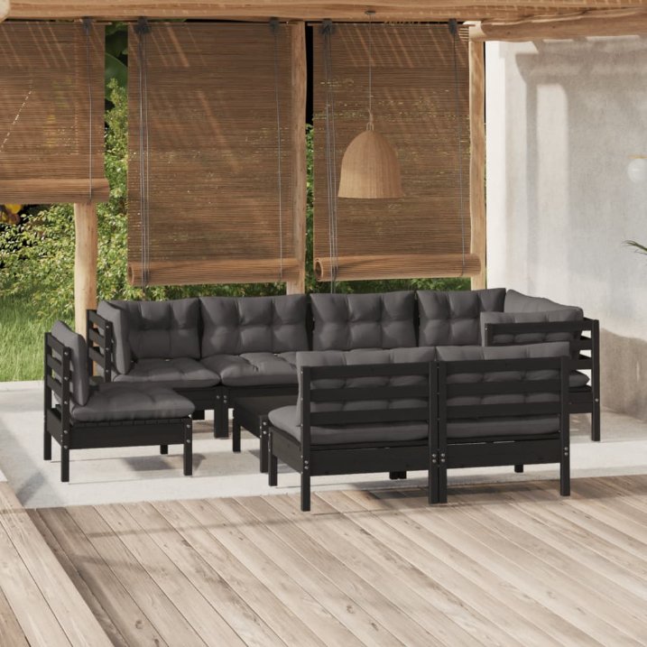 9-tlg. Garten-Lounge-Set mit Grauen Kissen Kiefer Massivholz