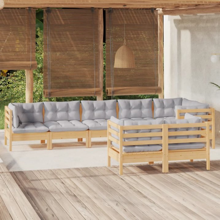 8-tlg. Garten-Lounge-Set mit Grauen Kissen Kiefer Massivholz