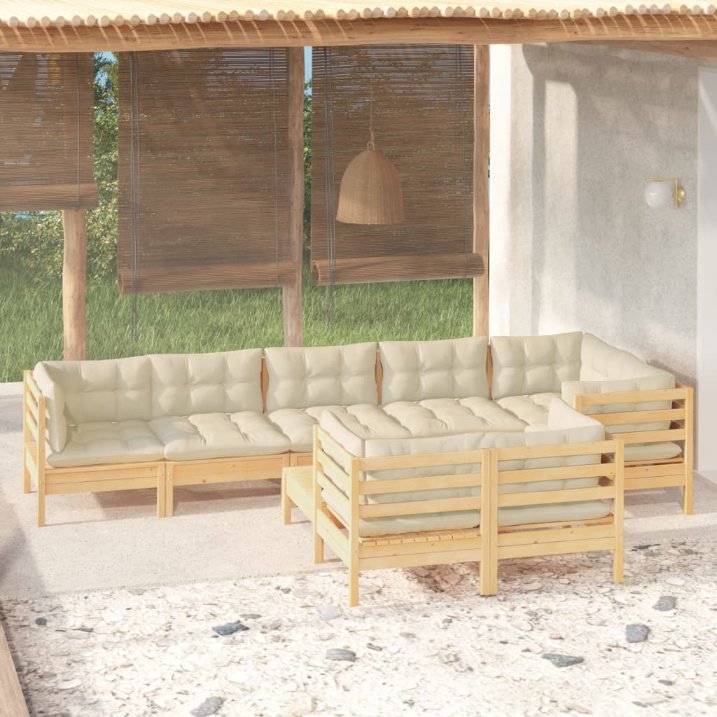 9-tlg. Garten-Lounge-Set mit Grauen Kissen Kiefer Massivholz