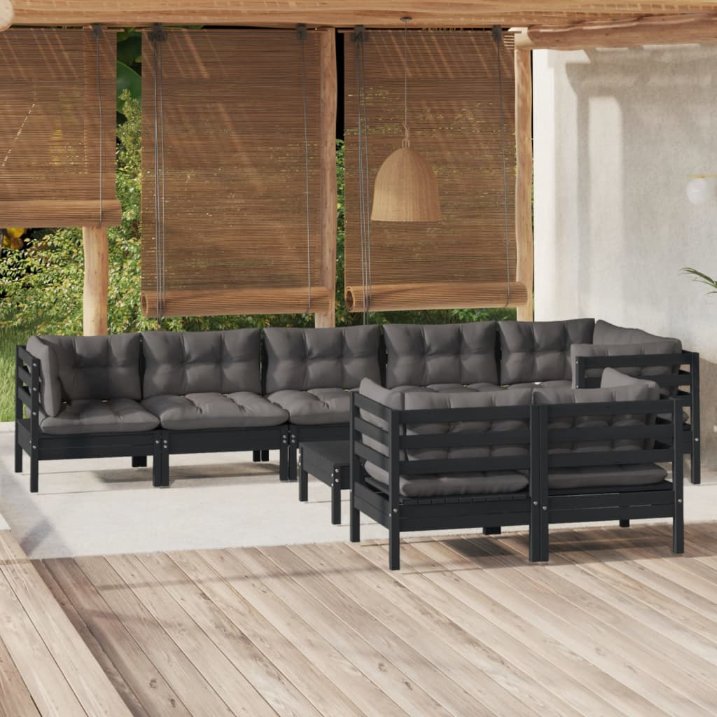 9-tlg. Garten-Lounge-Set mit Grauen Kissen Kiefer Massivholz