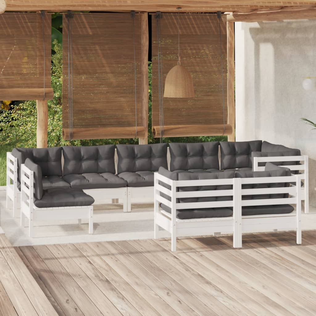 9-tlg. Garten-Lounge-Set mit Grauen Kissen Kiefer Massivholz