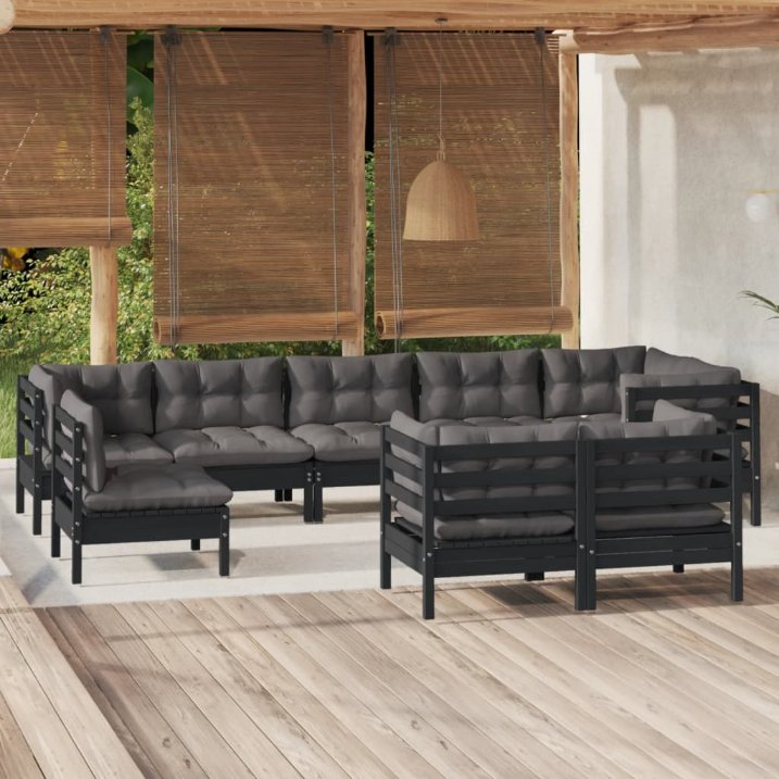 9-tlg. Garten-Lounge-Set mit Grauen Kissen Kiefer Massivholz