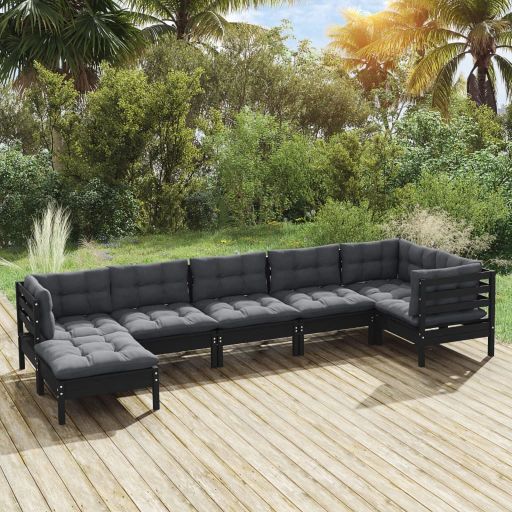 7-tlg. Garten-Lounge-Set mit Grauen Kissen Kiefer Massivholz