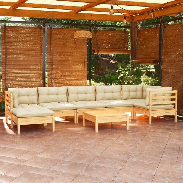 8-tlg. Garten-Lounge-Set mit Grauen Kissen Kiefer Massivholz