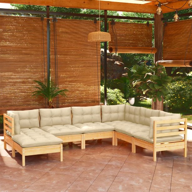 7-tlg. Garten-Lounge-Set mit Grauen Kissen Kiefer Massivholz