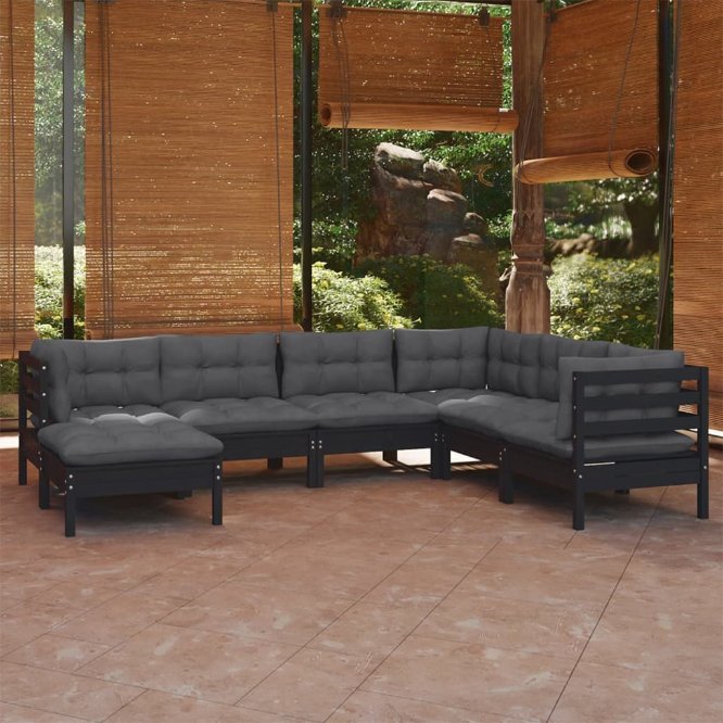 7-tlg. Garten-Lounge-Set mit Grauen Kissen Kiefer Massivholz