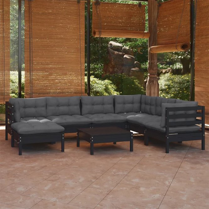 8-tlg. Garten-Lounge-Set mit Grauen Kissen Kiefer Massivholz