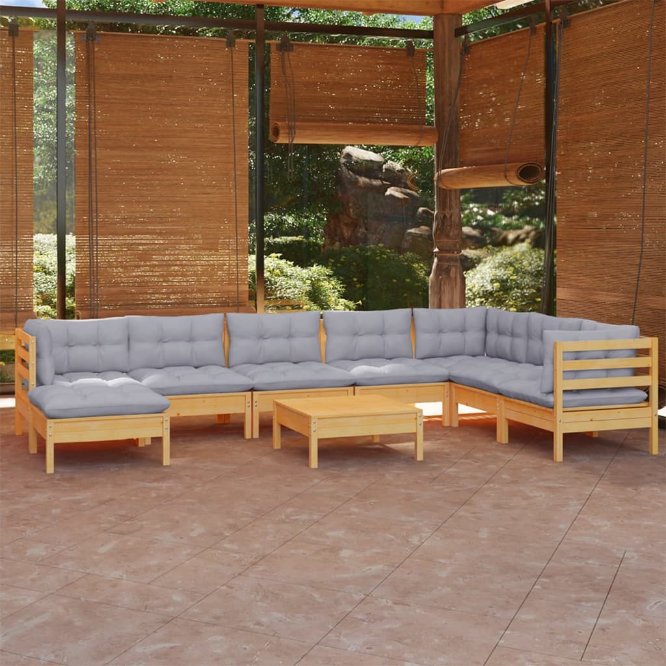 9-tlg. Garten-Lounge-Set mit Grauen Kissen Kiefer Massivholz