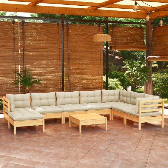 9-tlg. Garten-Lounge-Set mit Grauen Kissen Kiefer Massivholz