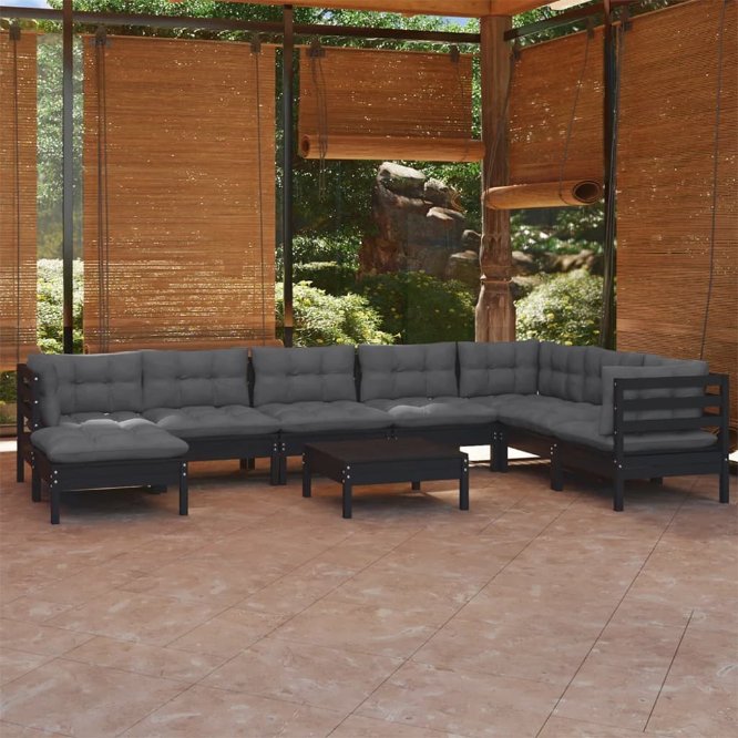 9-tlg. Garten-Lounge-Set mit Grauen Kissen Kiefer Massivholz