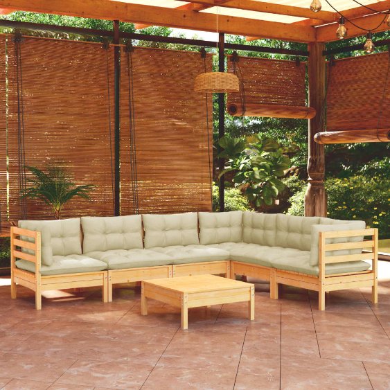 7-tlg. Garten-Lounge-Set mit Grauen Kissen Kiefer Massivholz