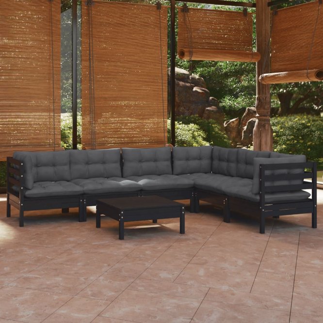 7-tlg. Garten-Lounge-Set mit Grauen Kissen Kiefer Massivholz