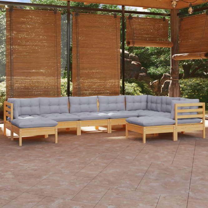 9-tlg. Garten-Lounge-Set mit Grauen Kissen Kiefer Massivholz