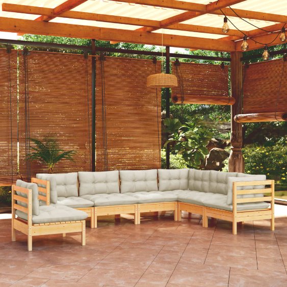 7-tlg. Garten-Lounge-Set mit Grauen Kissen Kiefer Massivholz