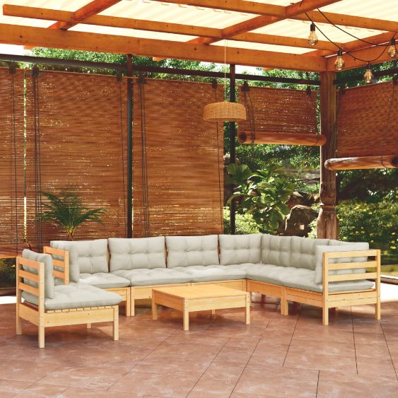 8-tlg. Garten-Lounge-Set mit Grauen Kissen Kiefer Massivholz