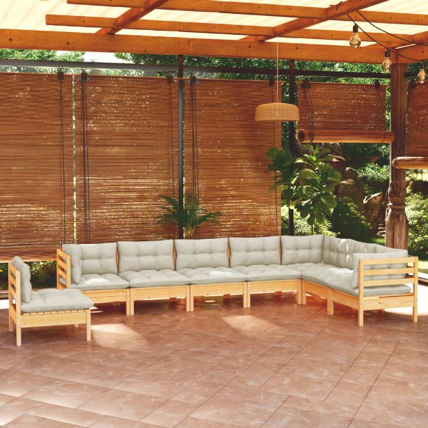 8-tlg. Garten-Lounge-Set mit Grauen Kissen Kiefer Massivholz