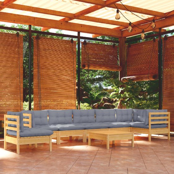 9-tlg. Garten-Lounge-Set mit Grauen Kissen Kiefer Massivholz