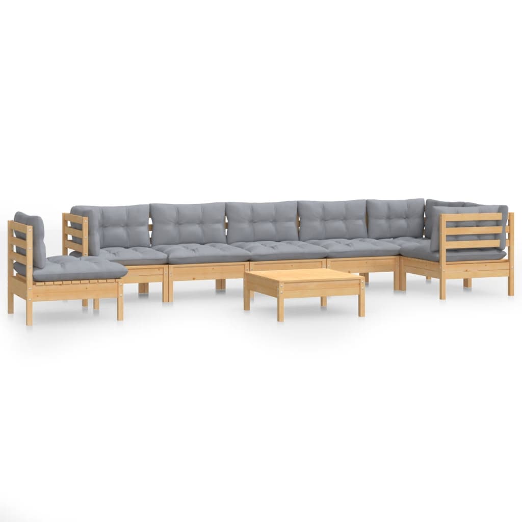 9-tlg. Garten-Lounge-Set mit Grauen Kissen Kiefer Massivholz