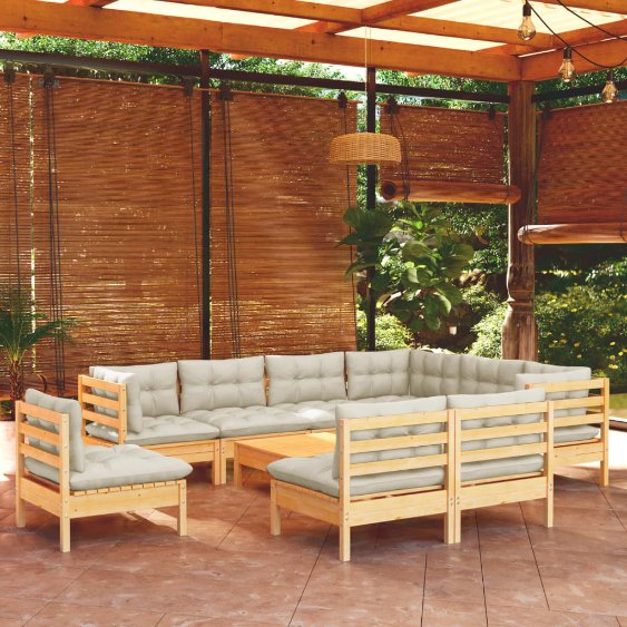 vidaXL 10-tlg. Garten-Lounge-Set mit Grauen Kissen Kiefer Massivholz