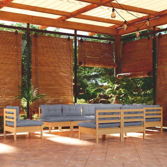 vidaXL 10-tlg. Garten-Lounge-Set mit Grauen Kissen Kiefer Massivholz