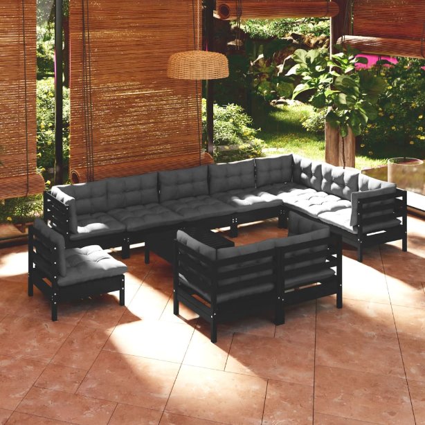 vidaXL 11-tlg. Garten-Lounge-Set mit Grauen Kissen Kiefer Massivholz