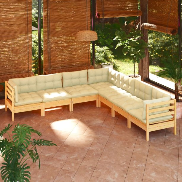 7-tlg. Garten-Lounge-Set mit Grauen Kissen Kiefer Massivholz