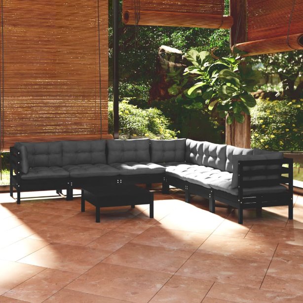 8-tlg. Garten-Lounge-Set mit Grauen Kissen Kiefer Massivholz