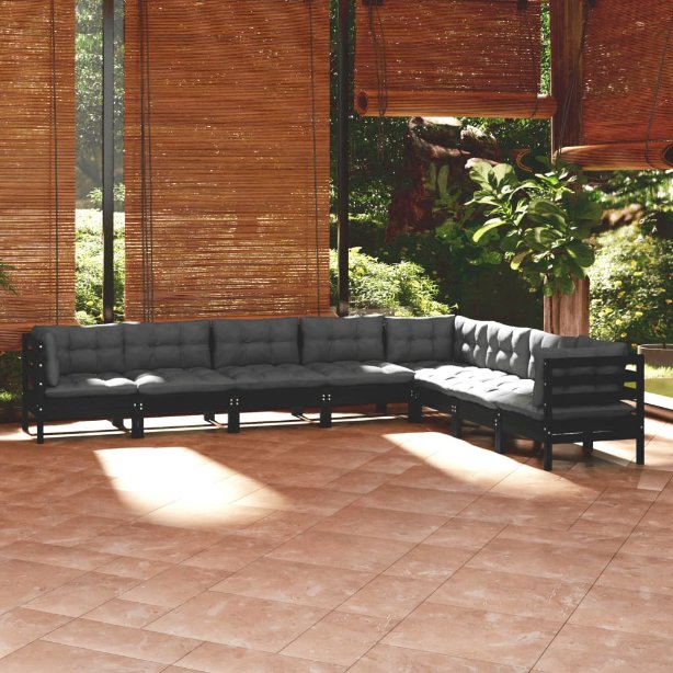 8-tlg. Garten-Lounge-Set mit Grauen Kissen Kiefer Massivholz