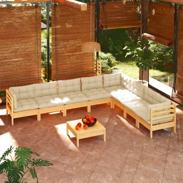 9-tlg. Garten-Lounge-Set mit Grauen Kissen Kiefer Massivholz