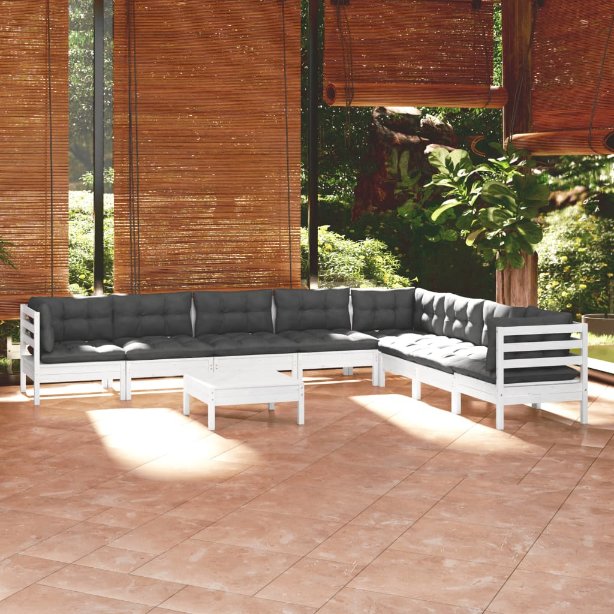 9-tlg. Garten-Lounge-Set mit Grauen Kissen Kiefer Massivholz