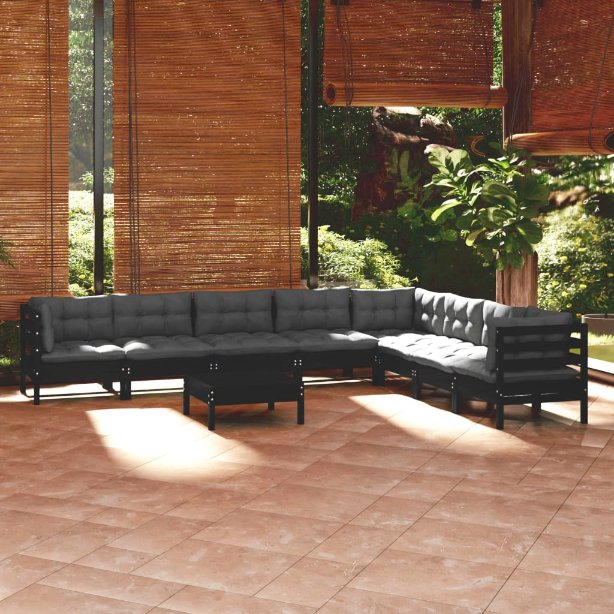 9-tlg. Garten-Lounge-Set mit Grauen Kissen Kiefer Massivholz