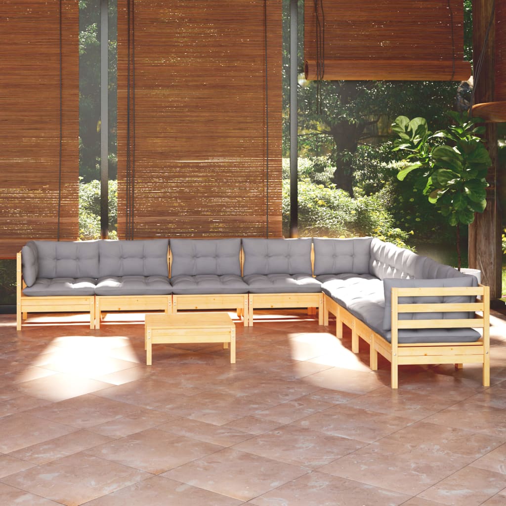 vidaXL 10-tlg. Garten-Lounge-Set mit Grauen Kissen Kiefer Massivholz