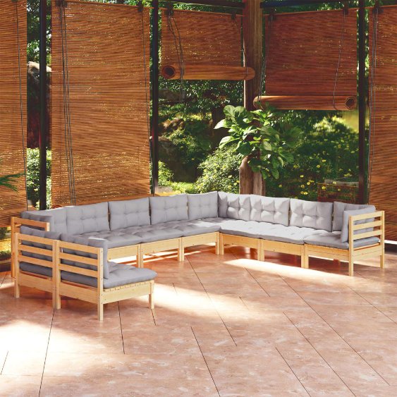 vidaXL 10-tlg. Garten-Lounge-Set mit Grauen Kissen Massivholz Kiefer