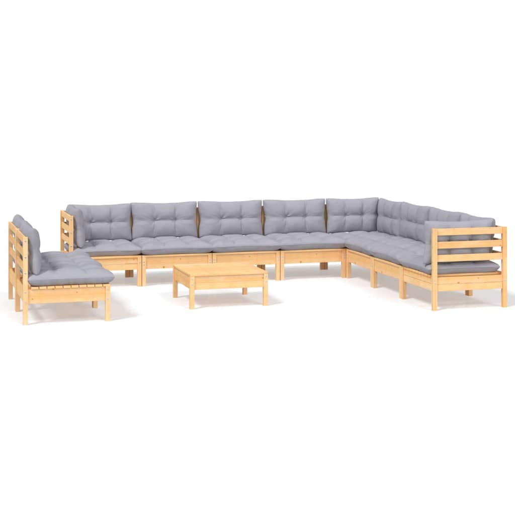 vidaXL 11-tlg. Garten-Lounge-Set mit Grauen Kissen Massivholz Kiefer